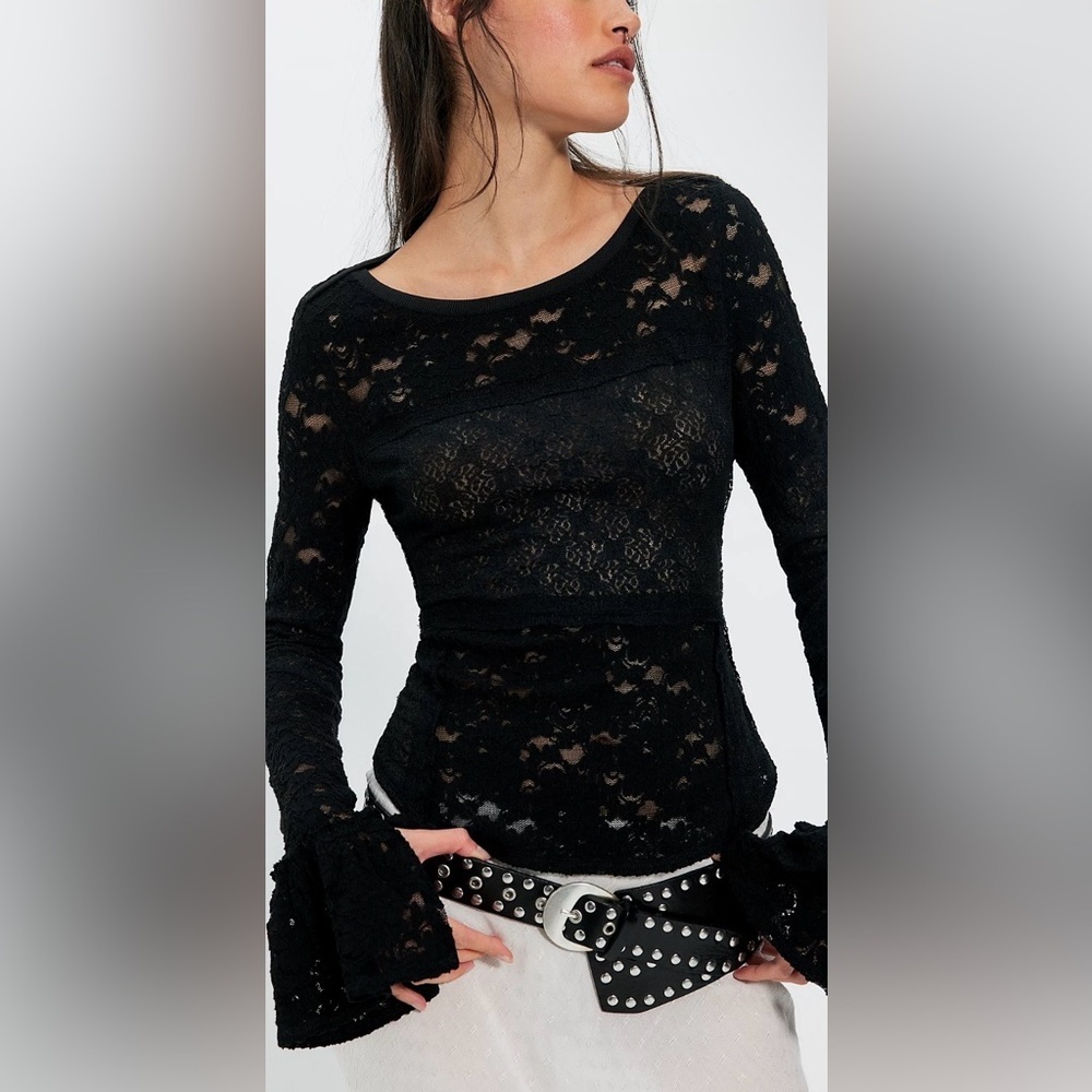 Free People Black Lace Flared Long Sleeve Top Women's Size Small - Picture 1 of 6